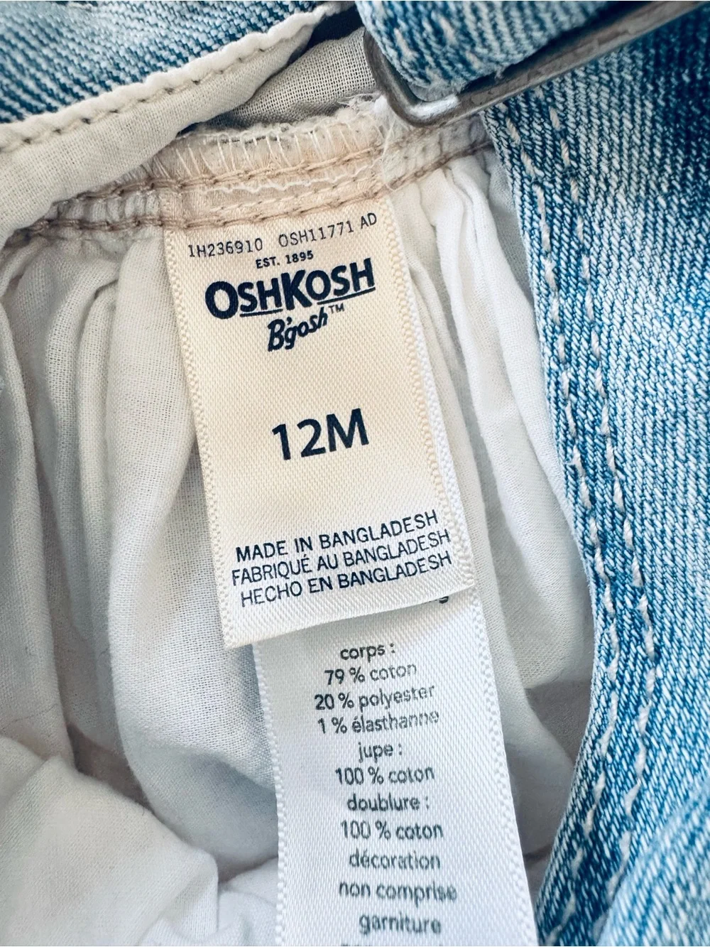 OshKosh B’gosh Baby Girl Dress 12M Denim Eyelet Lace White Cotton Sundress